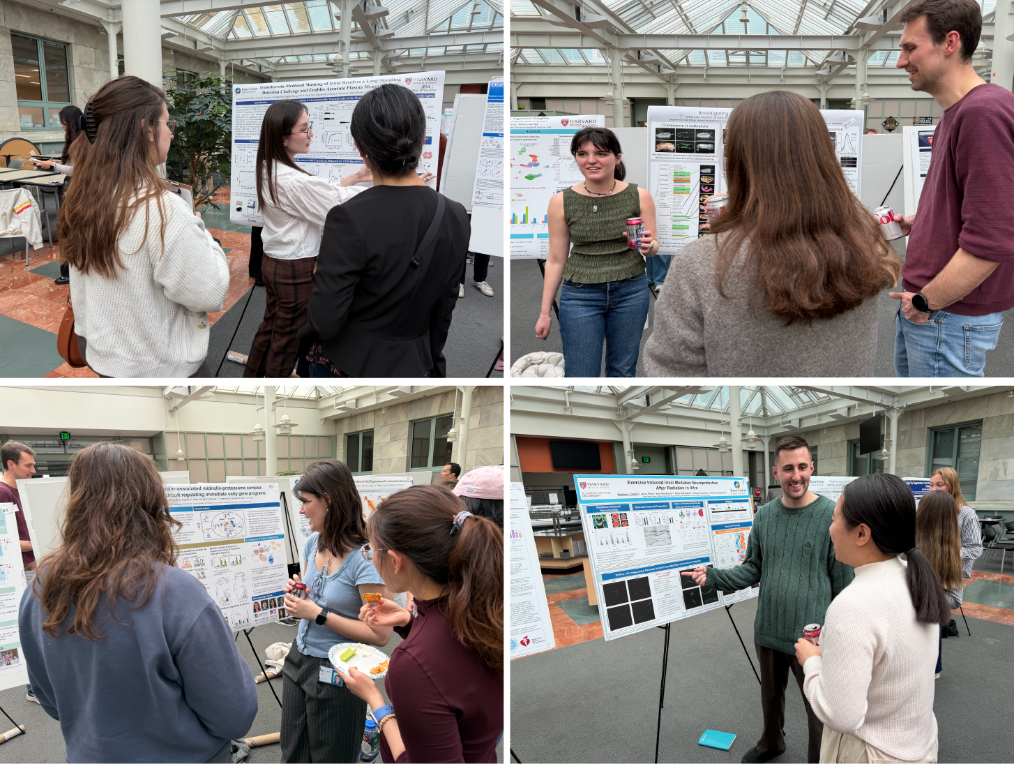 Collage of research posters with presenters and attendees